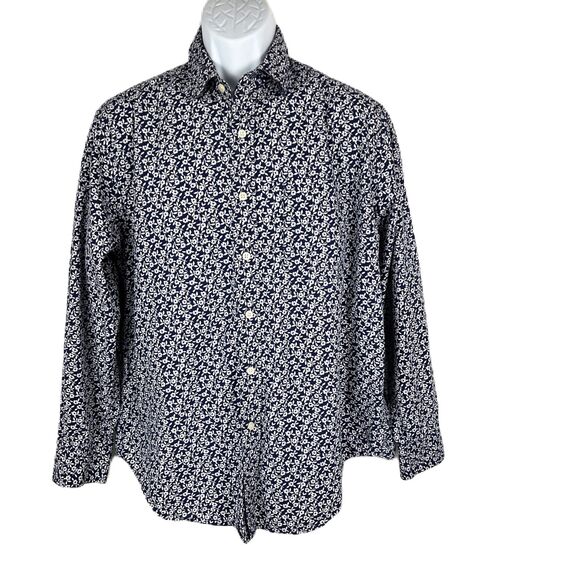 Lyle & Scott Dress Shirt Men Medium Blue Floral AOP Combed Cotton L/S Scotland - Picture 1 of 13